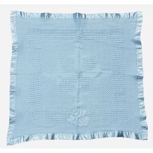 Kidgets Blue Waffle Weave Satin Edge Bless This Baby Blanket 28x29 Thermal Throw